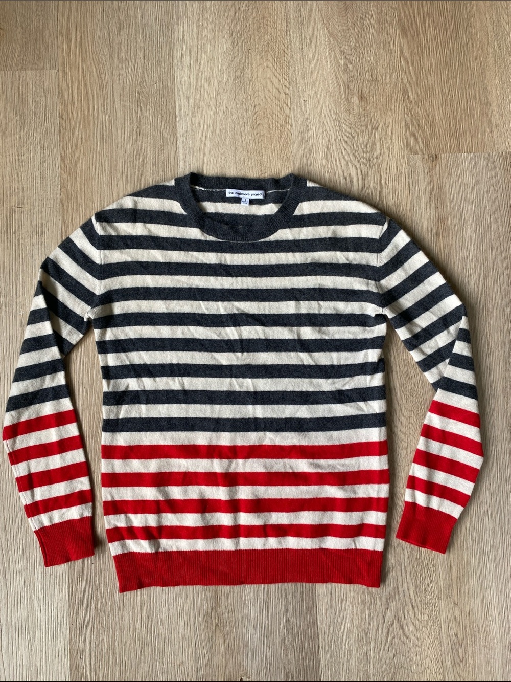 The Cashmere Project 100% Cashmere Striped Crewneck Sweater Red Grey S - Picture 2 of 10